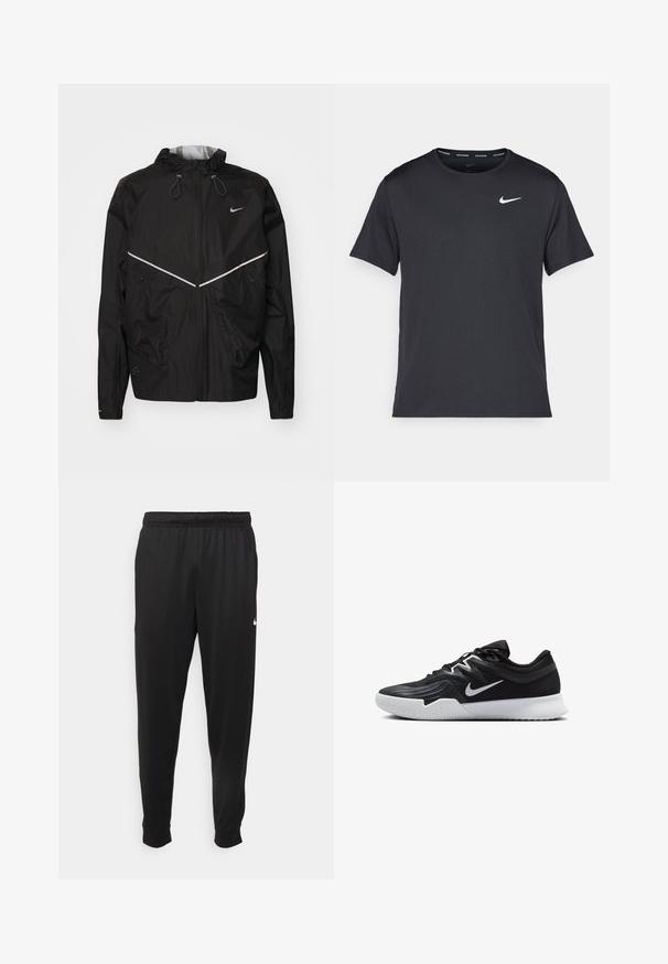 Schwarze Windjacke mit Kapuze, ausgestattet mit reflektierenden Akzenten, Reißverschlusstaschen und einem leichten, strukturierten Stoff.; Schwarzes Nike Lauft-Shirt aus leichtem, atmungsaktivem Material, mit kurzen Ärmeln und einem kleinen weißen Logo auf der Brust.; Schwarze Sporthosen aus glattem Stoff, mit einem elastischen Bund, schmal zulaufenden Beinen und einem kleinen weißen Logo auf der linken Seite.; Schwarzer Sportschuh mit strukturiertem Obermaterial, weißem Nike-Warenzeichen und einer weißen Gummisohle. Verfügt über ein Schnürdesign und eine dynamische Form.