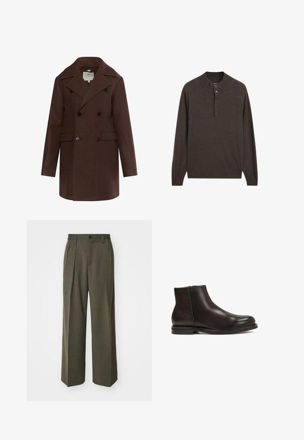 Cappotto marrone doppiopetto realizzato in tessuto strutturato, con rever a punta, due tasche frontali e bottoni neri.; Pullover lungo marrone a maniche lunghe con colletto alto e pattina con tre bottoni. Realizzato in tessuto morbido, presenta una texture liscia e polsini a costine.; Filippa K WIDE TROUSERS - Pantaloni - driftwood; Stivale alla caviglia in pelle nera con una superficie liscia, punta arrotondata e tacco basso. Presenta una zip laterale per indossarlo facilmente.