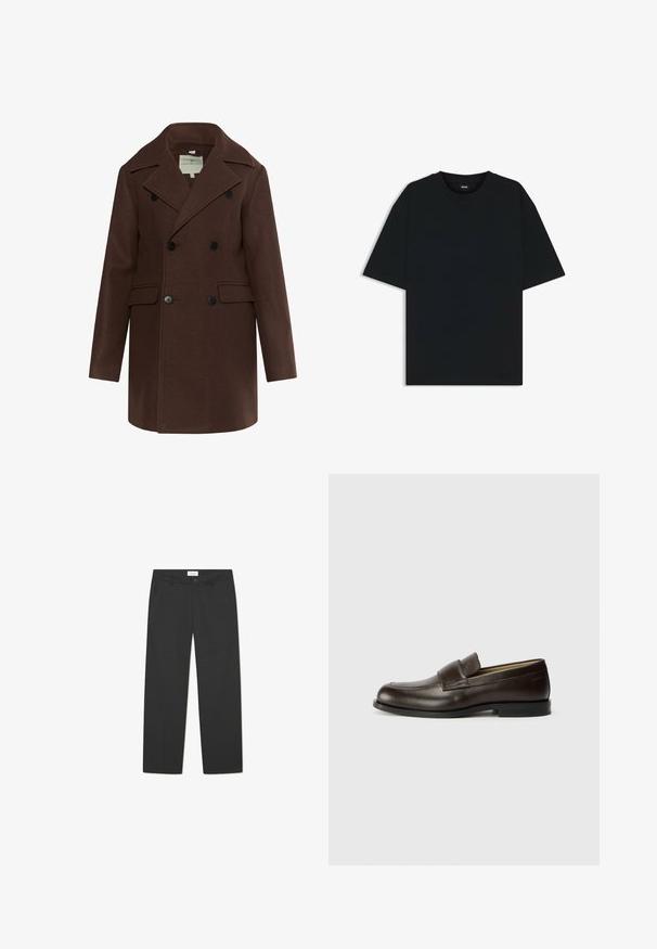Brun dubbelknäppt kappa i texturerad tyg, med spetsig krage, två framfickor och svarta knappar.; Svart bomullströja med rund hals och korta ärmar. Har en lös passform och en enkel design utan mönster eller accenter.; Svarta byxor tillverkade av lätt material. Har en rak bendesign med platt fram, sidofickor och en diskret midja.; Calvin Klein Slip-ins - cocoa brown