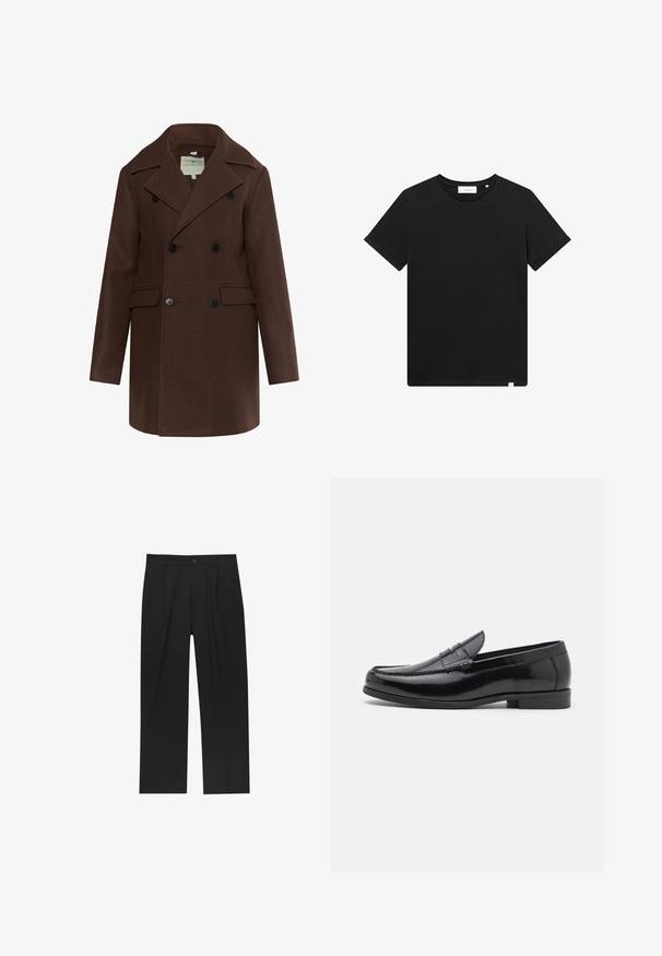 Ruskea kaksirivinen takki, joka on valmistettu tekstuurituksesta kankaasta, ja siinä on huipputaskuläppä, kaksi etutaskua sekä mustat napit.; Lyhythihaine musta T-paita, joka on valmistettu puuvillasta. Paidassa on pyöreä pääntie ja pieni brodeerattu logo rinnassa. Sujuva rakenne, normaali istuvuus.; Mustat housut suoranlahkeisella muotoilulla, valmistettu sileästä kankaasta. Ominaisuuksiin kuuluu etupleateet ja yksi nappikiinnitys vyötäröllä.; Musta nahkainen loaferit pyöristetyllä kärjellä, koristeelliset tikkausviivat ja matala korko. Tasainen rakenne, jossa on hienovaraista kiiltoa. Klassinen muotoilu ilman koristeita.
