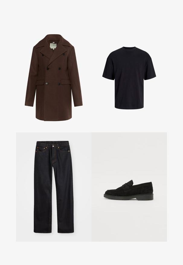 Cămașă maro cu două rânduri de nasturi, realizată dintr-un material texturat, având rever în vârf, două buzunare frontale și nasturi negri.; Tricou din bumbac negru, cu guler rotund, mâneci scurte și o croială lejeră. Textură netedă și fără modele sau accente vizibile.; Jeans negri din denim pentru bărbați, cu croială dreaptă, cinci buzunare și cusături portocalii, închidere cu nasture și fermoar pe talie.; Mocasiini din suede negru cu tocul jos, având o bandă simplă pe partea superioară și detalii texturate pe laturi.