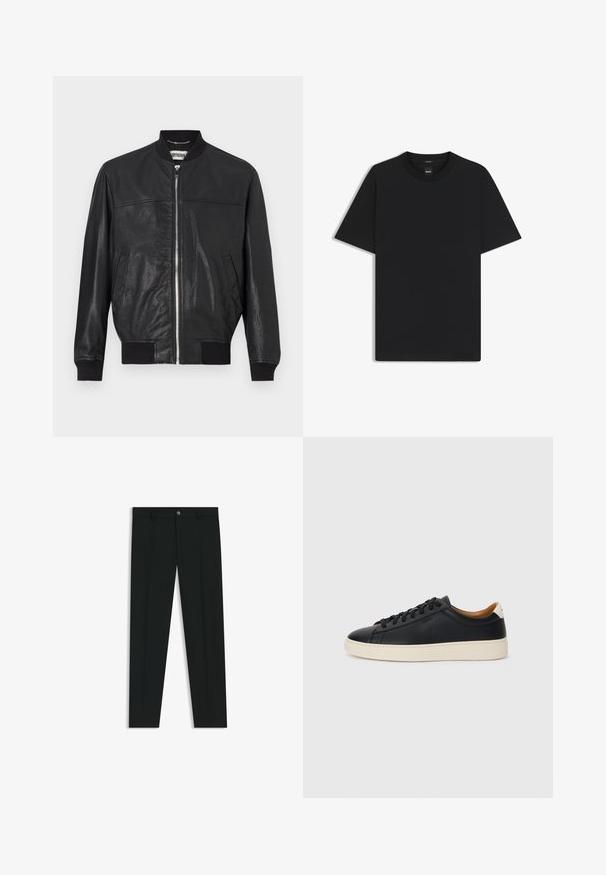 Zwarte leren bomberjack met een rits aan de voorkant, geribbelde manchetten en twee zijzakken. Gladde textuur en een eenvoudig, klassiek ontwerp.; Zwarte korte mouwen T-shirt van een gladde katoenmix, met een ronde halslijn en een minimalistisch ontwerp zonder patronen of accenten.; Zwarte dresspants met een recht pasvorm, gemaakt van een gladde stof. Heeft een sluiting met een knoop aan de voorkant en ceintuurlussen. Effen zonder patronen.; Zwarte leren sneakers met een gladde textuur, beige rubberen zool, vetersluiting en een contrasterende hielaccent.
