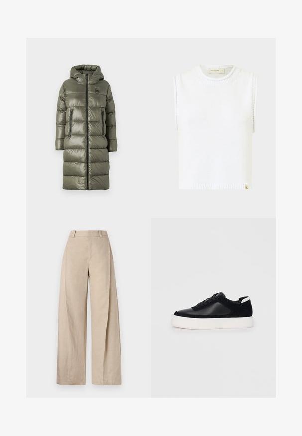 Blauer MARTHA - Casaco de inverno - verde pigna; Top de malha sem mangas branco com decote redondo, bainha canelada e detalhes de costura lateral; apresenta uma pequena etiqueta de marca na parte inferior.; Calças largas de linho bege com cintura alta, apresentando uma textura suave e linhas limpas, desenhadas para um ajuste relaxado.; Sapatilha preta com painéis de pele lisa e camurça, atacadores planos, bico arredondado e sola de borracha branca. Logótipo distinto no calcanhar.