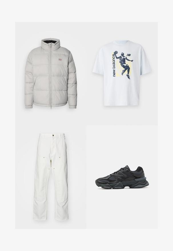 Grå pufferjakke med høj krave, lynlåslukning og elastiske manchetter. Den har et quiltet design og et lille logo patch på brystet.; Lyseblå bomulds t-shirt med en mørk silhuet af en basketballspiller og "new balance" tekst i kontrasterende farver. Korte ærmer.; Hvide bomulds cargo bukser med en afslappet pasform. Funktioner inkluderer for- og baglommer, guldfarvede hardware detaljer og forstærkede knæsektioner.; Sorte løbesko med en blanding af mesh og syntetiske materialer, kraftig sål, buet design og fremtrædende branding på siden.