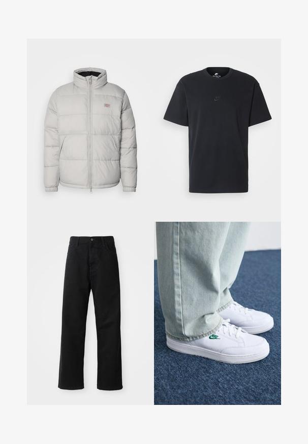 Szürke puffermellény, magas gallérral, cipzárral és rugalmas mandzsettákkal. Tűzött dizájn jellemzi, és egy kis logóval ellátott folt található a mellkason.; Fekete pamut póló Nike márkájú, klasszikus, kerek nyakú, rövid ujjú, és letisztult, dombornyomott logóval a mellkason. Simább textúra.; Fekete farmernadrág egyenes szabással, elülső zsebekkel, cipzáras flyal és egy felső gombbal. Strukturált anyag matt felülettel.; Fehér bőr sportcipők zöld Nike logóval, kerek orral, lapos talppal, világoskék farmernadrággal párosítva, kék szőnyegen bemutatva.