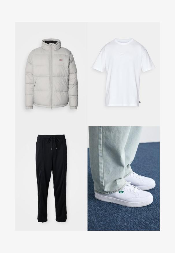 Hall ökvalitelli halli puhvjakas, millel on kõrge krae, tõmbluku sulgemine ja elastsed mansetid. Jakil on pehme õmblusdisain ja väike logo silmus rinnal.; Valge puuvillane t-särk lühikeste varrukatega ja ümmarguse kaelusega. Sellega on kaasas väike, tagasihoidlik Nike logo rinnal ja külgmine silt.; Mustad nööridega vööga igapäevased mustad püksid, külgseamipocketid ja sirge sääre lõikega, ühtlasel taustal.; Valged nahast tennisetossud rohelise Nike logo ja ümarate varvastega, lamedate taldadega, koos helesiniste teksapükstega, esitatud sinisel vaibal.