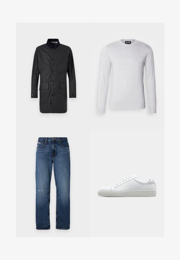 Fekete, hosszú ujjú kabát tartós anyagból, gombos elülső résszel, két elülső zsebbel és eltérő színű gallérral.; Világosszürke kötött pulóver hosszú ujjal, kerek nyakkivágással és egy kis hímzett logóval a mellkason. Puha tapintás, laza dizájn.; Kék farmernadrág egyenes lábvágással. Halványodott területekkel és enyhe kopással az elülső részén, klasszikus gombzárással.; Fehér sportcipő sima bőr felső résszel és alacsony profilsal. Kerek orr, hat fűzőlyuk és barázdált gumitalp jellemzi.