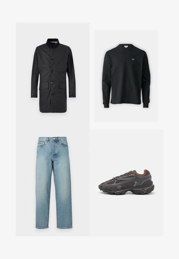 Kere mustriga must pikkade varrukatega mantel, mis on valmistatud vastupidavast kangast, sisaldab nööpidega esist, kahte esist taskut ja kontrastset krae.; Must musta särk pikad varrukad, valmistatud puuvillast, ümar kaelus ja vasakul rinnal väike rohelise värvi tikandiga krokodillilogoga.; Heledad sinised teksad, mis on laia lõikega, sirged jalad, viie tasku disain ja nupuga kinnitamine vööl. Minimalistlik õmbluse detail.; Tumed hallid Lacoste tossud, mis on valmistatud võrkkangast ja sünteetilisest materjalist, omavad tekstureeritud talla ning pruune aktsente kaeluse ja brändingu juures.