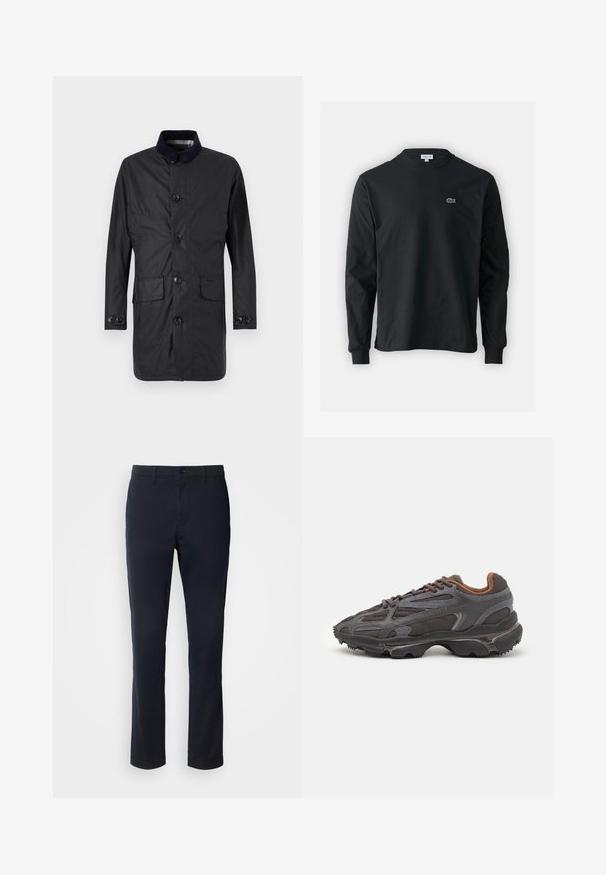 Schwarzer, langärmeliger Mantel aus strapazierfähigem Material, mit einer durchgehenden Knopfleiste, zwei Fronttaschen und einem kontrastierenden Kragen.; Schwarzes Langarm-T-Shirt aus Baumwolle, mit Rundhalsausschnitt und einem kleinen grünen, gestickten Krokodil-Logo auf der linken Brust.; Marineblaue Hosen aus glattem Material mit geradem Bein, Gürtelschlaufen und einer Knopfverschluss mit Reißverschluss.; Lacoste Sneaker in Dunkelgrau aus Mesh und Synthetikmaterial, mit einer strukturierten Sohle und braunen Akzenten am Kragen und Logo.