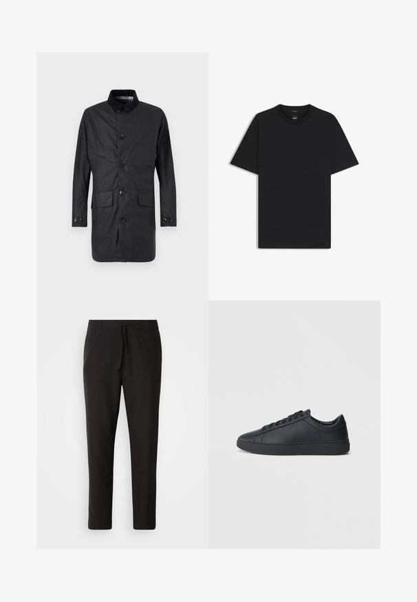 Zwarte, lange mouwen jas gemaakt van duurzaam materiaal, met een knoopsluiting aan de voorkant, twee voorzakken en een contrasterende kraag.; Zwarte korte mouwen T-shirt van een gladde katoenmix, met een ronde halslijn en een minimalistisch ontwerp zonder patronen of accenten.; Zwarte joggingsbroek van gladde stof. Kenmerkt zich door een elastische tailleband met een trekkoord, taps toelopende benen en geen zichtbare zakken. Eenvoudig ontwerp.; Zwarte sneakers van glad leer met een lage schacht, ronde neus en platte rubberen zool. Voorzien van veters en subtiele branding.