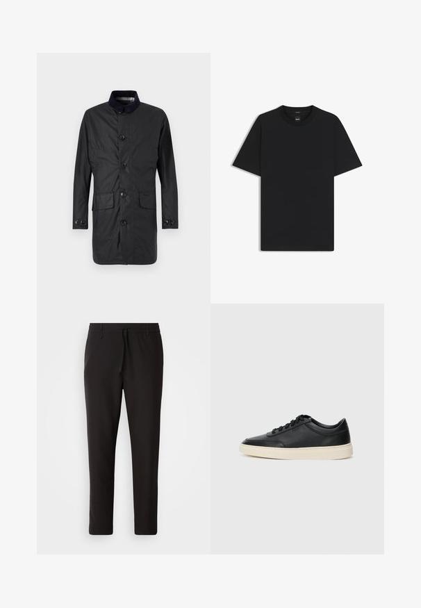 Zwarte, lange mouwen jas gemaakt van duurzaam materiaal, met een knoopsluiting aan de voorkant, twee voorzakken en een contrasterende kraag.; Zwarte korte mouwen T-shirt van een gladde katoenmix, met een ronde halslijn en een minimalistisch ontwerp zonder patronen of accenten.; Zwarte joggingsbroek van gladde stof. Kenmerkt zich door een elastische tailleband met een trekkoord, taps toelopende benen en geen zichtbare zakken. Eenvoudig ontwerp.; Zwarte leren sneaker met lage schacht, zwarte veters en off-white zool, weergegeven in zijprofiel op een witte achtergrond.