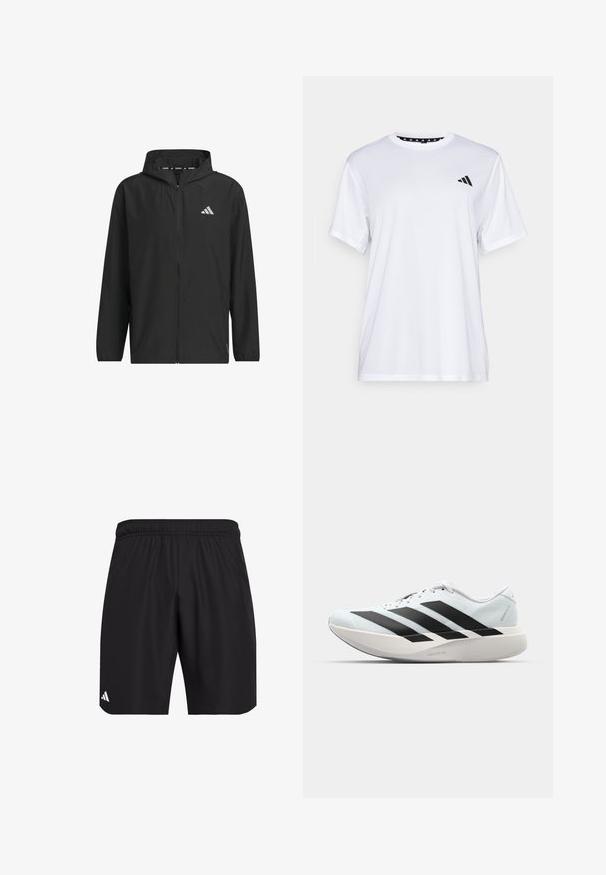 Veste légère noire à fermeture éclair avec capuche, dotée d'un logo argenté, d'une texture lisse et de poignets élastiques.; T-shirt de sport blanc à manches courtes, fabriqué en tissu évacuant l'humidité. Présente un logo noir sur la poitrine gauche et un col intérieur à motifs.; Shorts de sport noirs avec une taille élastique. Fabriqués en tissu léger, présentant une texture subtile et un petit accent en logo blanc.; Baskets de course légères en bleu pâle avec des rayures noires. Elles présentent un dessus lisse, un embout rond et une semelle intermédiaire blanche épaisse étiquetée "LIGHTSTRIKE PRO".