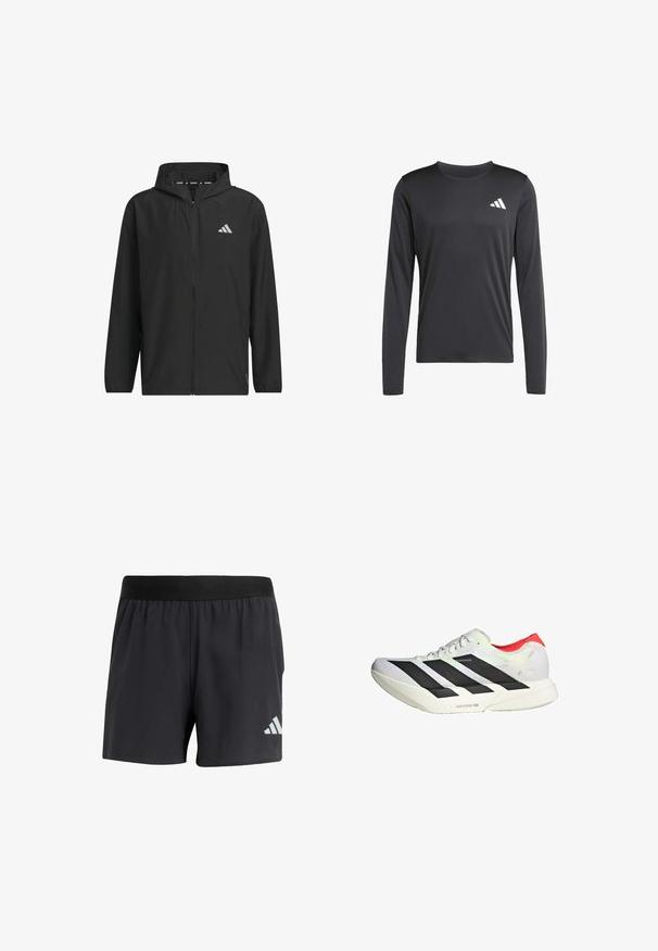 Veste légère noire à fermeture éclair avec capuche, dotée d'un logo argenté, d'une texture lisse et de poignets élastiques.; T-shirt de sport à manches longues noir, fabriqué en tissu léger et lisse, avec un petit logo blanc en haut à gauche. Design simple et ajusté.; Shorts de sport noirs avec une taille élastique, présentant une texture lisse et un logo blanc réfléchissant sur le bas à gauche.; Chaussure de sport blanche avec des rayures diagonales noires, des accents rouges au talon et une tige texturée ; elle est dotée d'un amorti LIGHTSTRIKE PRO.