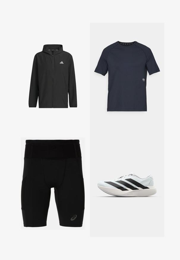 Must värvi kerge õmbluseta kapuutsiga jope, millel on hõbedane logo, sile tekstuur ja elastsed mansetid.; Tume mere t-särk lühikeste varrukatega, mis on valmistatud kerge kangaga. Särgil on ümar kaelus, mille tagaküljel on väikesed silmadega detailid ja esiküljel logo.; Mustad mustan värvi spordishortsid, mis on vooderdatud ja valmistatud sileda materjaliga. Omavad kõrget vööd ja väikest logo vasakul all jala kohal.; Kerged jooksujalatsid helesinises värvuses mustade triipudega. Omavad siledat pealispinda, ümarat varvase osa ja paksu valget vahemõõtu, millel on silt "LIGHTSTRIKE PRO".