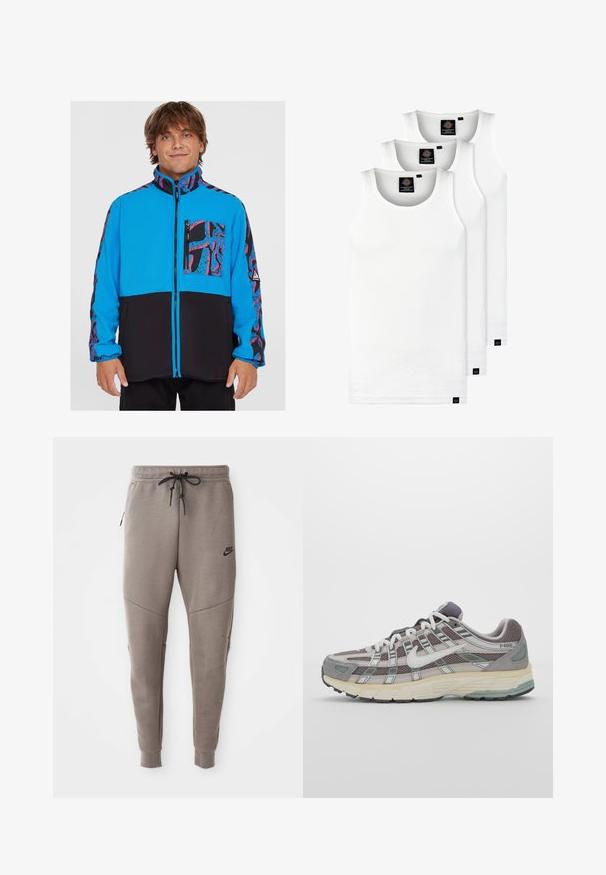 Niebieska i czarna kurtka z zamkiem błyskawicznym, posiada wzorzystą kieszeń i boczne panele, wykonana z materiału polarowego o gładkiej teksturze.; Trzy białe prążkowane koszulki na ramiączkach wykonane z bawełny. Posiadają okrągły dekolt i małe czarne metki blisko dolnego brzegu. Dostępne w różnych rozmiarach.; Szare dresy Nike z elastycznym pasem ze sznurkowym zapięciem, zwężanymi nogawkami, bocznymi kieszeniami i wyraźnymi detalami szwów. Miękka, teksturowana tkanina.; Szare buty sportowe z siateczkowym i zamszowym wierzchem, białymi akcentami, amortyzowaną podeszwą oraz charakterystycznym designem z elementami odblaskowymi.