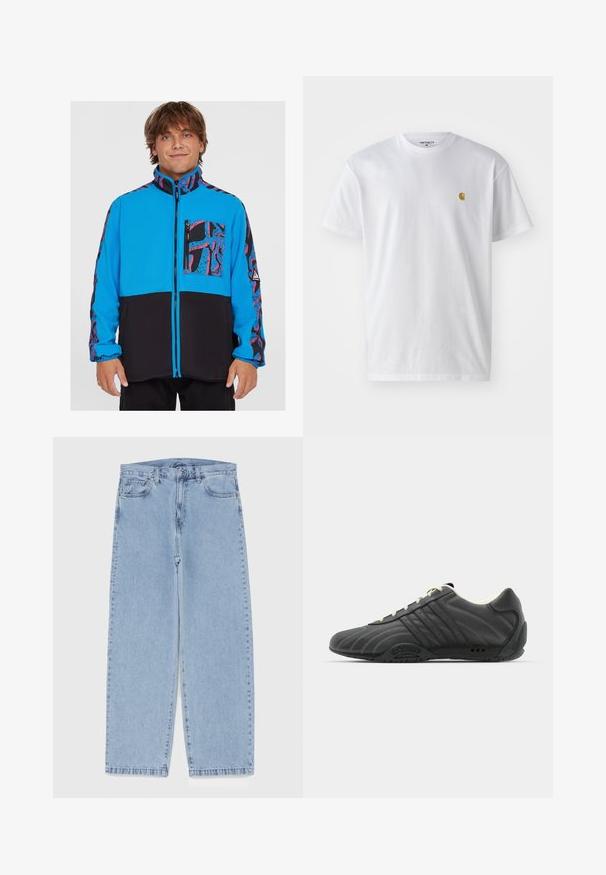 Sininen ja musta takki vetoketjulla, jossa on kuvioitu tasku ja sivupaneelit, valmistettu fleece-materiaalista, jolla on sileä pinta.; Valkoinen puuvillapaita lyhyillä hihoilla, pyöreä kaula-aukko, jossa on pieni kultainen logo vasemmassa rintapielessä. Pehmeä kangas ja normaali istuvuus.; Vaaleansiniset farkut suoran lahkeen muotoilulla, joissa on puolivälin vyötärö, viisi taskua sekä nappi- ja vetoketjusuljenta.; adidas Originals ADIRACER UNISEX - Matalavartiset tennarit - core black/cream white