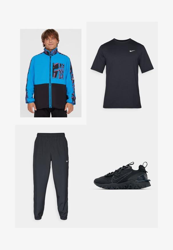 Casaco azul e preto com fecho de zip, apresenta um bolso estampado e painéis laterais, feito de material polar com uma textura suave.; T-shirt Nike preto de manga curta, feito de um tecido suave, com um logo swoosh branco no lado superior esquerdo, gola redonda.; Calças de treino pretas feitas de um tecido leve, com um cós elástico, punhos nos tornozelos e um discreto logótipo da Nike no lado esquerdo.; Sapatilha atlética preta com parte superior de malha respirável, detalhes texturizados e sola de borracha ondulada. Apresenta um logotipo reflexivo e um sistema de atilho.