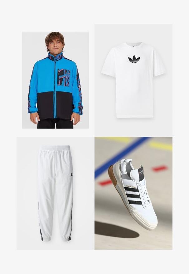 Kék és fekete dzseki cipzárral, mintás zsebbel és oldalsó panelekével, fleece anyagból készült, sima textúrával.; Fehér pamut póló, középen fekete Adidas logóval. Rövid ujjú és kerek nyakú kialakítással. Sima textúra.; Fehér sportnadrág fekete oldalsávokkal, rugalmas derékrésszel és mandzsettákkal; az Adidas logó a bal combján található. Sima szövettextúra.; Fehér Adidas Mundial Goal sneaker fekete csíkokkal és gumitalppal, a levegőben egy sportpálya padlóján látható, színes vonalakkal.