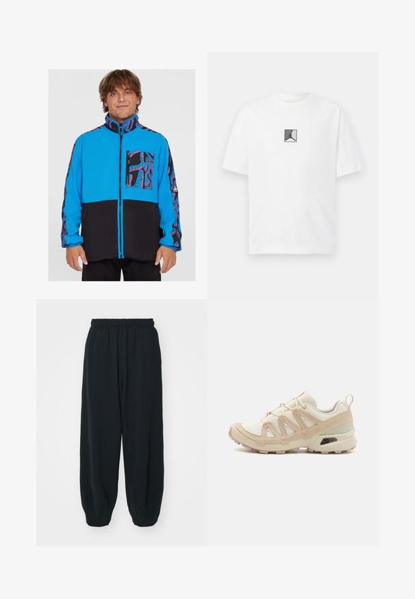 Sininen ja musta takki vetoketjulla, jossa on kuvioitu tasku ja sivupaneelit, valmistettu fleece-materiaalista, jolla on sileä pinta.; Valkoinen puuvillapaita, jossa on keskellä musta ja harmaa logokuva. Klassinen pyöreä kaula-aukko ja lyhyet hihat rentoa istuvuutta varten.; Mustat, elastisella vyötäröllä varustetut collegehousut, joissa on löysä istuvuus, cuffattu lahje, sileä pinta ja ilman näkyviä kuvioita tai varusteita.; Beige ja kreemi värvi sportlikud jalanõud, millel on tekstiilne mesh ülemine osa, toetavad ülekatted ja kummist tald, millel on mustripattern haardeks.