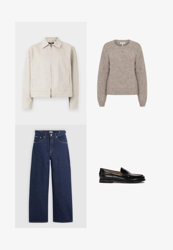Chaqueta beige claro con un cuello estructurado, cremallera frontal completa y bolsillos laterales. Fabricada con un tejido suave y un corte entallado.; b.young BYMILLER - Jersey de punto - humus melange; Camiseta blanca de algodón con mangas cortas y cuello redondo. Cuenta con una etiqueta rosa en el interior del cuello. Textura suave.; Jeans de mezclilla de tiro alto en azul oscuro con perneras anchas, que cuentan con cinco bolsillos, lazos para cinturón y detalles de costura en color cobre. Textura suave.; Mocasín de cuero negro con puntera redondeada, diseño deslizante y detalles de costura sutiles a lo largo de la parte superior. Suela de goma plana.