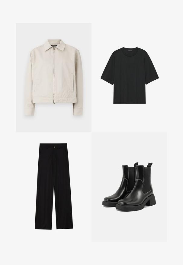 Lichtbeige jacket met een gestructureerde kraag, volledige rits aan de voorkant en zijzakken. Gemaakt van gladde stof met een getailleerde pasvorm.; Zwarte korte mouwen t-shirt gemaakt van katoen. Kenmerkt zich door een ronde hals, een losse pasvorm en een schone zoom zonder zichtbare patronen of hardware.; Zwarte wijde broek van een gladde stof, met zijzakken en een knoopsluiting bij de taille. Minimalistisch ontwerp zonder patronen.; Zwarte leren Chelsea-boots met een chunky hak, elastische zijpanelen en contrasterende witte stiksels. Gestructureerde afwerking.