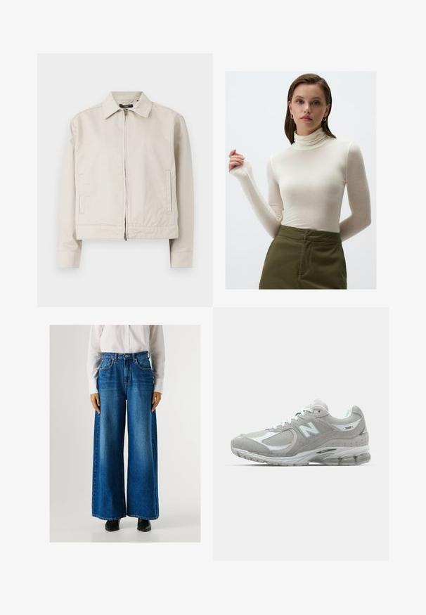 Hellbeige Jacke mit strukturiertem Kragen, durchgehendem Reißverschluss und seitlichen Taschen. Hergestellt aus glattem Stoff mit taillierter Passform.; Langärmliges, cremefarbenes Rollkragenoberteil aus leichter Stoffqualität; taillierte Passform mit dezentem Glanz und verlängerten Ärmeln; kombiniert mit olivgrünen Hosen.; Blaue Schlagjeans mit hoher Taille, aus Denim gefertigt, mit Fronttaschen und Knopfverschluss. Glatte Textur mit klassischer Waschung.; Die hellgraue New Balance 2002R Sneaker verfügt über ein Obermaterial aus Wildleder und Mesh, weiße Akzente, eine gepolsterte Sohle und sichtbare Dämpfungstechnologie.