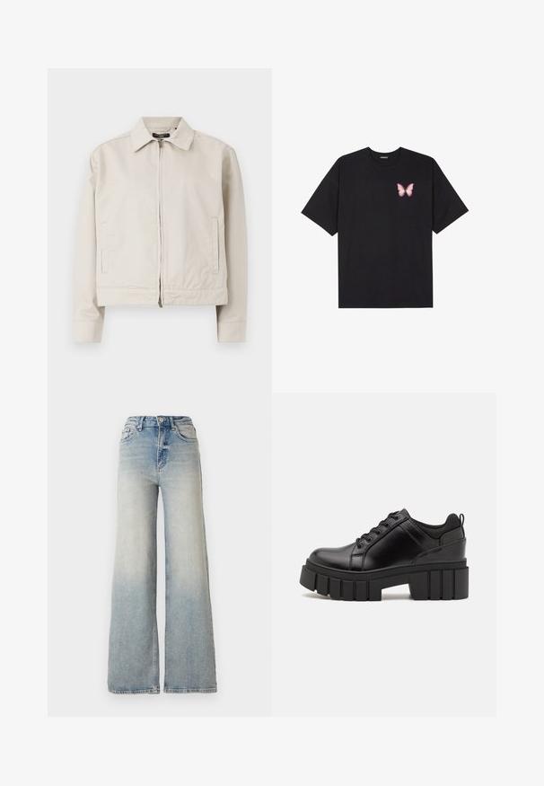 Lyst beige jakke med struktureret krave, fuld frontlynlås og sidelommer. Fremstillet af glat stof med en skræddersyet pasform.; Sort bomulds T-shirt med korte ærmer, prydet med en lille pink sommerfugl grafik på venstre bryst. Rund hals design med en afslappet pasform.; Lyseblå vid jeans lavet af denim, med høj talje, fem lommer og synlige sømme langs sømmene.; Sorte læder platform sko med en klodset blokhæl, rund tå og traditionelt snøredesign. Har en glat tekstur og minimal detaljering.