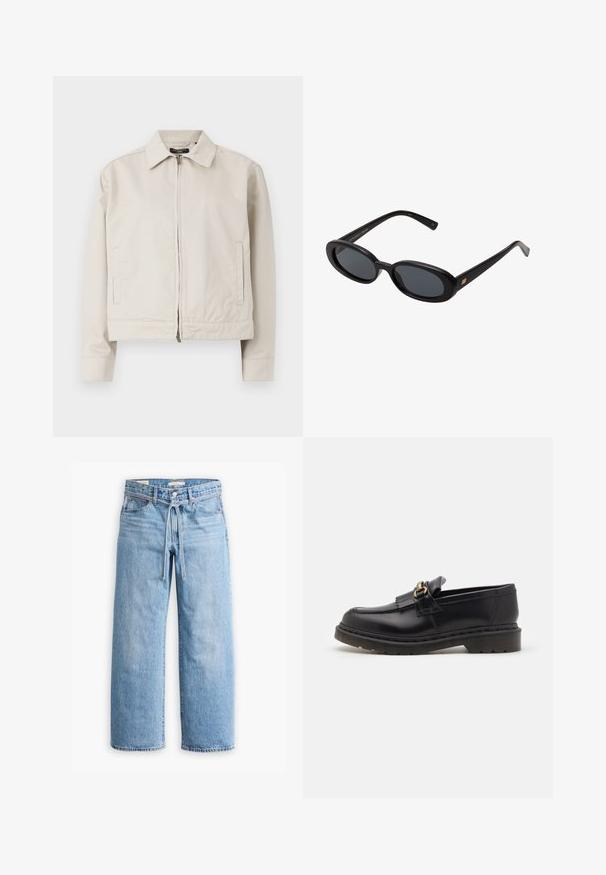 Ljust beige jacka med en strukturerad krage, full dragkedja fram och sidfickor. Tillverkad av ett slitet tyg med en skräddarsydd passform.; Långärmad vit croppad t-shirt, tillverkad av mjukt material, har rund hals och en avslappnad passform med manschetterade ärmar. Enkel och ren design.; Ljusblå denim jeans med vida ben och hög midja, knäppning med knapp och dragkedja samt dragsko i midjan. Råkantad avslutning.; Svarta läder loafers med rund tå, dekorativ frans och detaljer i guld. Tjock gummisula för ökad grepp och hållbarhet.; Svarta överdimensionerade solglasögon med ovala linser, slät plastbåge och guldaccent på bågarna. Mörka linser ger solskydd.