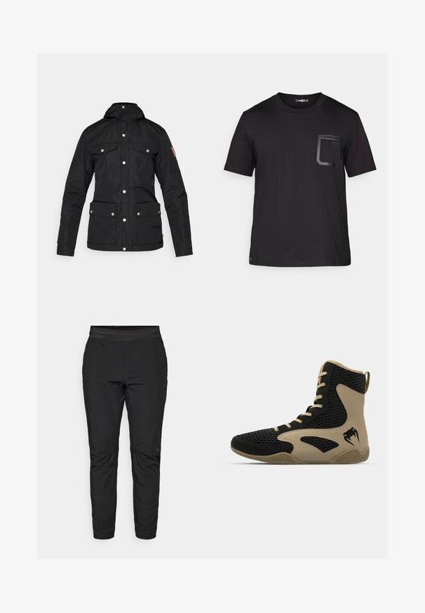 Svart isolerad jacka med hög krage, tryckknappar, två bröstfickor, två sidofickor och en läderdetalj på ärmen.; Svart kortärmad t-shirt i bomull med en subtil struktur. Har en framficka med en rektangulär design och logodetalj.; Svarta stretchy byxor med en figursydd design, elastisk midja och fack med dragkedja. Slät textur med en något glänsande finish.; Högskuren спортивна sko med en svart nätutsida och beige accenter. Texturerad gummisula och logodetalj på sidan.
