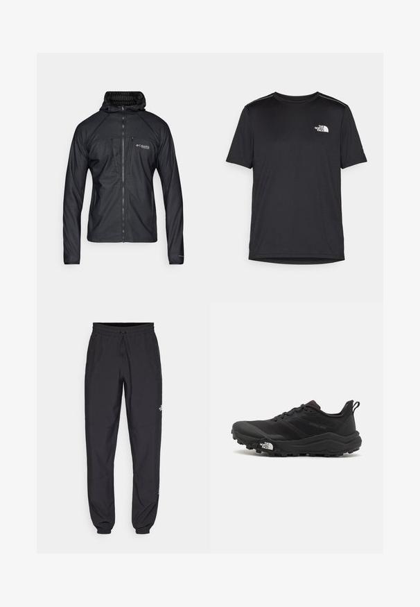 Schwarze Columbia Titanium Kapuzenjacke mit durchgehendem Reißverschluss, Brust-Reißverschlusstasche und strukturiertem Stoff vor einem neutralen Hintergrund.; Schwarzes T-Shirt mit kurzen Ärmeln aus leichtem Stoff. Mit einem kleinen weißen Logo auf der linken Brust und dezenten Akzenten an den Schultern.; Schwarze Sporthosen aus leichtem Stoff, mit einem Kordelzugbund, seitlichen Taschen und schmal zulaufenden Bündchen an den Knöcheln.; Schwarzer Trailrunning-Schuh mit strukturiertem Obermaterial, Gummisohle und verstärkter Zehenkappe. Verfügt über einen gepolsterten Kragen und eine Ziehlasche für einfaches Anziehen.