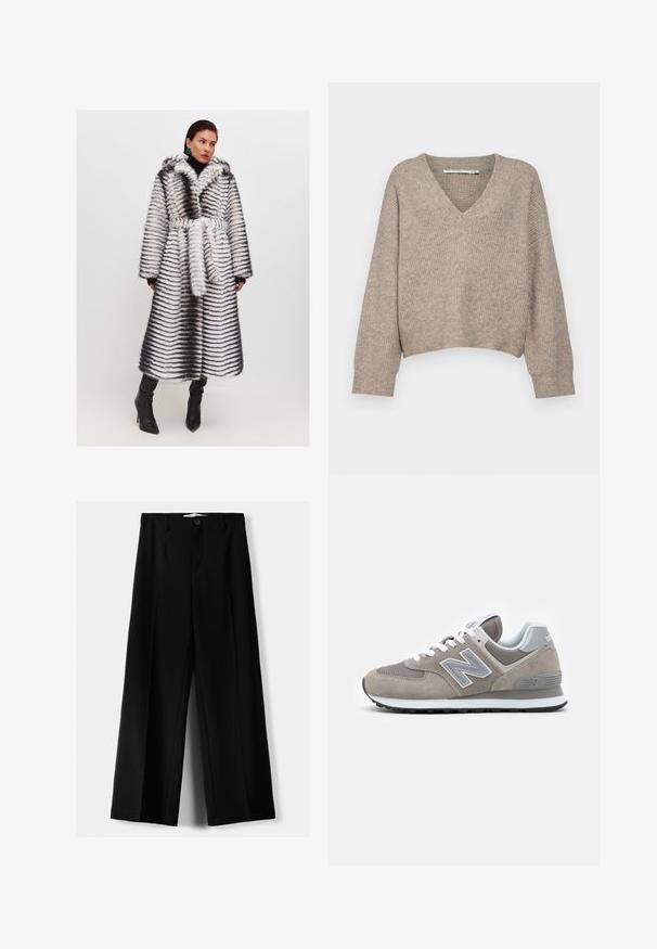 Cappotto in pelliccia sintetica con cappuccio, caratterizzato da strisce bianche e nere. Maniche ampie, vita con cintura e design di lunghezza media. Indossato sopra un dolcevita.; Maglione beige lavorato a maglia con scollatura a V e design accorciato. Presenta maniche ampie e un motivo testurizzato su tutta la superficie.; Pantaloni neri a gamba larga realizzati in tessuto leggero, caratterizzati da una chiusura frontale con bottone e frontale piatto, con orli cuciti con precisione.; Sneaker grigia con tomaia in rete e suede, caratterizzata da un prominente logo "N" grigio chiaro, lacci bianchi e suola in gomma nera.