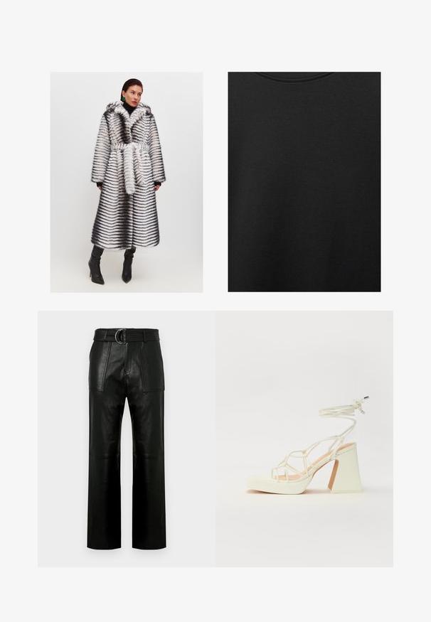 Palton din blană sintetică cu glugă, prezentând dungi negre și albe. Mâneci late, talie cu curea și design de lungime medie. Pur tată peste un pulover cu guler înalt.; Țesătură de bumbac neagră cu o textură netedă și un guler rotund, având un model de granulație subtil și uniform. Fără logo-uri sau accente vizibile.; Pantaloni din piele neagră cu talie înaltă, cu picioare largi, buzunare frontale mari și un brâu asortat cu cataramă cu dublu inel.; Sandale albe cu toc înalt și gros, cu un design cu curele și legătură la gleznă. Textură netedă, cu o platformă frontală pentru înălțime suplimentară.