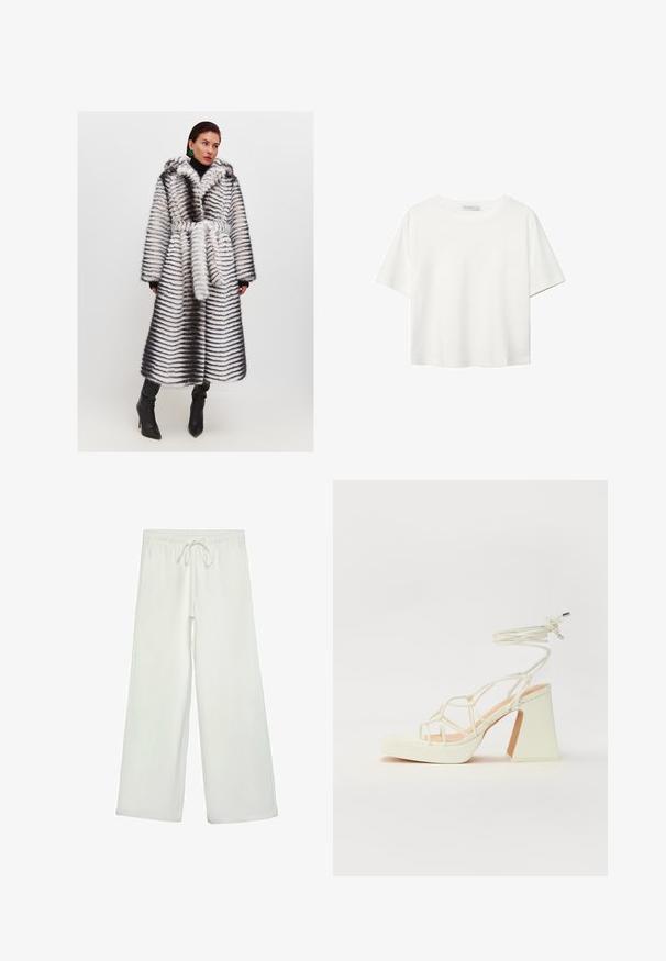 Faux-Fur-Mantel mit Kapuze, ausgestattet mit schwarz-weißen Streifen. Breite Ärmel, taillierter Gürtel und mittellanges Design. Getragen über einem Rollkragenpullover.; Weißes T-Shirt mit kurzen Ärmeln aus Baumwolle. Hat einen Rundhalsausschnitt und eine lockere Passform. Glatte Textur ohne sichtbare Muster oder Akzente.; Weiße, weit geschnittene Hose aus weichem Stoff. Mit einem elastischen Bund und einem Kordelzug sowie einer glatten Oberfläche. Keine sichtbaren Muster oder Hardware.; Weiße High-Heel-Sandale mit einem klobigen Absatz, die über ein Riemchendesign und ein Knöchelband verfügt. Glatte Textur mit einer Plattform vorne für zusätzliche Höhe.