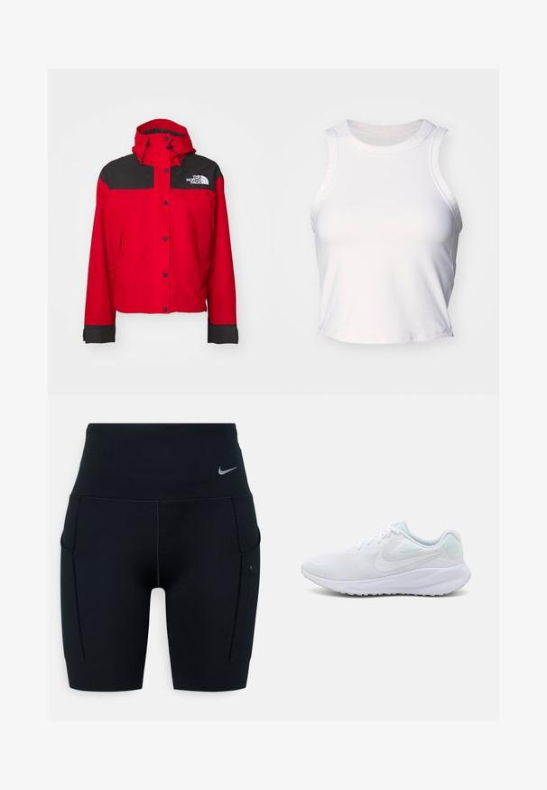 Giacca impermeabile rossa con pannello superiore nero, cappuccio regolabile e chiusure a scatto. Presenta il logo sul petto e polsini elastici.; Top corto bianco senza maniche realizzato in un tessuto liscio e elasticizzato. Presenta un collo rotondo e sottili dettagli di cucitura lungo i bordi.; Shorts sportivi neri a vita alta realizzati in materiale elasticizzato; presentano tasche laterali e un piccolo logo Nike sulla vita.; Scarpe da ginnastica bianche con upper in mesh, design testurizzato, punta arrotondata, colletto imbottito e dettagli azzurri chiari sul tallone. Suola in gomma.