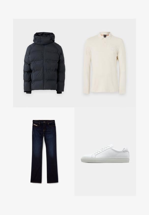 Svart pufferjakke med høy krage, frontglidelås, glidelåslommer på siden, og justerbar hette med snorer, vist på ensfarget bakgrunn.; Langermet polo skjorte i lys beige, laget av glatt stoff, med polo krage, to knappelukking, og en liten logo lapp på brystet.; Mørkeblå denimjeans med rette ben, med oransje sømmer, glidelås og frontlommer. Glatt tekstur og standard linning.; Hvit sneakers med en glatt skinnoverdel og lav profil. Har en rund tå, seks snøring hull, og en teksturert gummisåle.