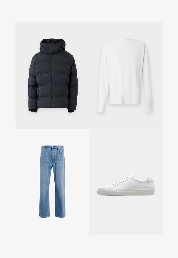 Chaqueta acolchada negra con cuello alto, cremallera frontal, bolsillos laterales con cremallera y capucha ajustable con cordones, presentada sobre un fondo liso.; Camisa de algodón blanca de manga larga con cuello redondo, aberturas laterales en la parte inferior y una textura suave, exhibida desde la parte de atrás.; Jeans de mezclilla azul claro con un diseño de pierna recta, cinco bolsillos, cierre de botón, ligeramente desgastados y detalles de costura en contraste.; Zapatilla blanca con parte superior de cuero liso y perfil bajo. Presenta una puntera redondeada, seis ojales y una suela de goma texturizada.