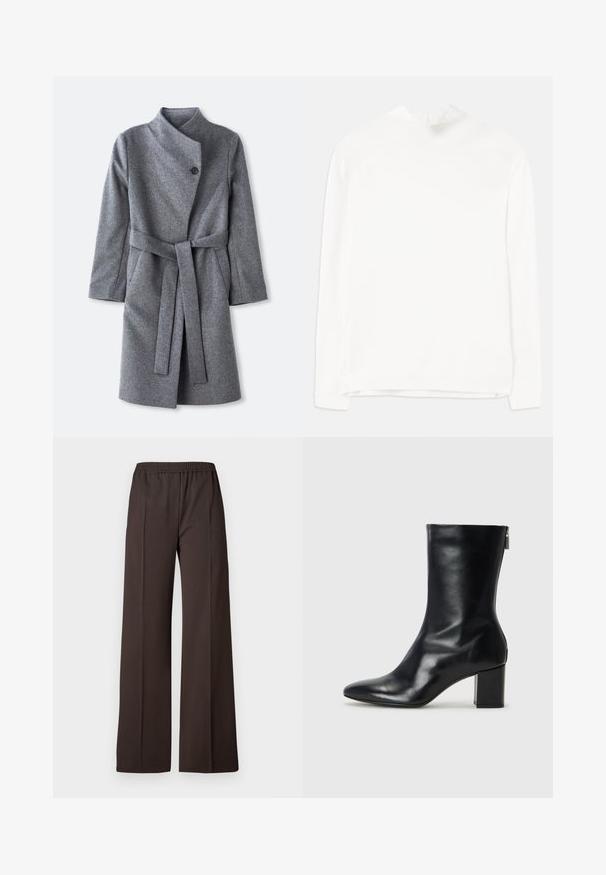 Dlouhý šedý vlněný kabát s vysokým límcem, zapínání na jeden černý knoflík u krku, dvě boční kapsy a odpovídající opasek zavázaný v pase.; Bílý dlouhý rukáv top s vysokým výstřihem, žebrovanou texturou a rovný střih. Tkanina vypadá měkká a hladká, bez viditelných vzorů.; Široké kalhoty z tmavě hnědé tkaniny s elastickým pasem, charakterizované hladkým povrchem a čistými liniemi pro dobře padnoucí vzhled.; Černé kožené kotníkové boty s špičatou špičkou a blokovým podpatkem o výšce 4 cm. Elegantní design obsahuje boční zip pro snadné obouvání. Hladká textura.