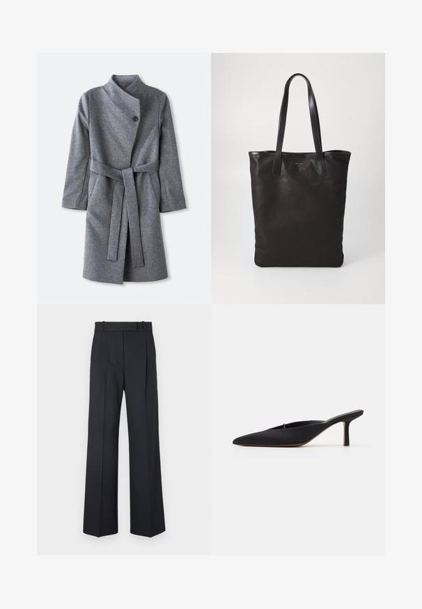 Long grey wool coat with high collar, single black button closure near neck, two side pockets, and matching belt tied at waist.; Gray turtleneck sweater made from soft fabric, featuring long sleeves, ribbed neck, and hem with a relaxed fit. Smooth texture and simple design.; Dark blue pinstriped trousers with a high waist, wide leg design, and no visible hardware or embellishments. Smooth texture and tailored fit.; Black pointed-toe mule with a sleek design, made of smooth fabric, featuring a slender heel and open back for easy wear.; Black canvas tote bag with black leather handles. Simple design, spacious body, and a smooth texture. No visible logos or patterns.