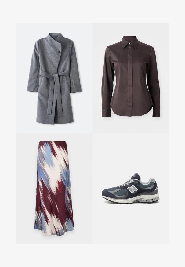 Garšs pelēks vilnas mētelis ar augstu apkakli, viens melns pogas aizdare pie kakla, divas sānu kabatas un atbilstoša josta, kas sasieta ap vidu.; Tumši brūns garām piedurknēm apģērbtā krekls ar norādītu apkakli un slēpto pogu rindu uz balta fona.; Garais svārki ar diagonālu saistīto krāsu rakstu bordo, zilā un krējuma krāsās, izgatavoti no mīkstas auduma, kam ir plūstoša silueta un neliels spīdums.; New Balance tenissoles ar jūras spēka krāsas sietu un ādas augšdaļu, pelēkiem akcentiem, baltu logotipu, mīkstu zoli un teksturētām detaļām.