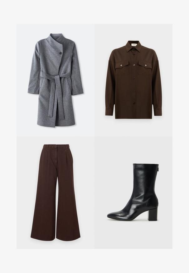 Palton lung din lână gri, cu guler înalt, închidere cu un singur nasture negru aproape de gât, două buzunare laterale și curea asortată legată la talie.; Cămașă lungă, cu mâneci lungi, de culoare maro închis, cu două buzunare frontale cu clapetă și guler clasic, expusă pe un fundal alb simplu.; Pantaloni maro cu talie înaltă, cu picioare largi, închidere cu nasture și fermoar, cu bucle pentru curea și pliseuri în față.; Botină din piele neagră, cu vârf ascuțit și toc bloc de 4 cm. Design elegant, cu un fermoar lateral pentru o îmbrăcare ușoară. Textură netedă.