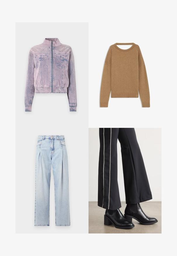 Różowa dżinsowa kurtka z wysokim kołnierzem, przednim zamkiem, dwoma kieszeniami na piersi i teksturowanym wykończeniem. Krótki krój z niebieskimi akcentami.; Sweter dzianinowy w ciepłym odcieniu beżu, z okrągłym dekoltem, opadającymi ramionami oraz ściśniętymi mankietami i dołem. Miękka tekstura w swobodnym stylu.; Jasnoniebieskie dżinsy z wysokim stanem, szerokimi nogawkami, dwoma bocznymi kieszeniami oraz plisowanym wzorem. Miękka tekstura z wyblakłym wykończeniem.; Czarne skórzane botki za kostkę na słupku, z elastycznymi panelami po bokach. Połączone z czarnymi spodniami z białym paskiem po boku.