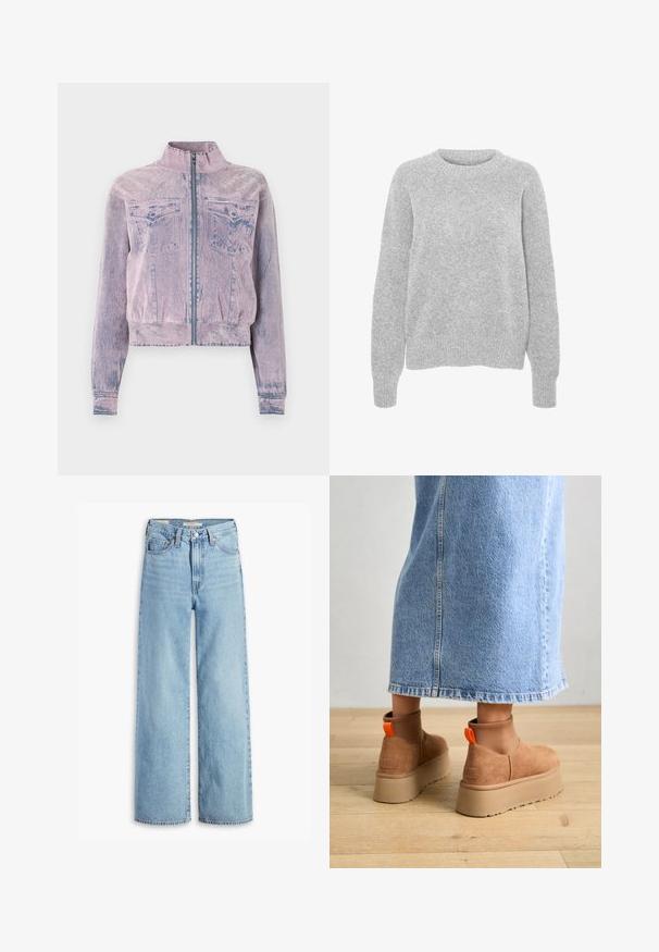 Roosa denimpusa kõrge kraega, ees tõmblukuga, kahe rinnataskuga ja tekstuurse viimistlusega. Lühendatud disain siniste aktsentidega.; Hallide lõhiku ja ümarate kaelustega hall kudumipusa, millel on pikad varrukad, soonikkoes mansetid ja allaosad. Pusa on pehme tekstuuriga ja mugava lõikega.; Kõrge vöökohaga helesinised laiad püksid, millel on ees nupud ja lukud, vööd ja viie tasku stiil.; Pruunid nahatooted platvormikontsad elastsete külgpaneelidega ja oranžide tõmbetuttidega, koos puusani ulatuva heleda denim-seelikuga puidust põrandal.