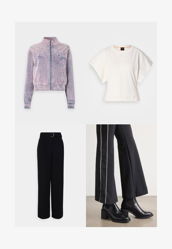 Rožinė džinsinė striukė su aukštu apykakle, priekiniais užtrauktukais, dviem krūtinės kišenėmis ir tekstūruotu paviršiumi. Trumpa išvaizda su mėlynomis detalėmis.; Baltas trumpas marškinėliai, plačios trumpomis rankovėmis, minkšta medvilnė, apvali kaklo iškirptė su subtiliu oranžiniu apvadu, minimalus dizainas, be raštų ar grafikų.; Juodos pritaikytos kelnės plačia kojų siluetu, su diržu su sidabriniu sagtimi, klostėmis ir lygiu audinio paviršiumi.; Juodi odiniai auliniai batai su plataus bloko kulnu, turintys elastines šonines dalis. Sukomplektuoti su juodomis kelnėmis, turinčiomis baltą šoninės juostą.