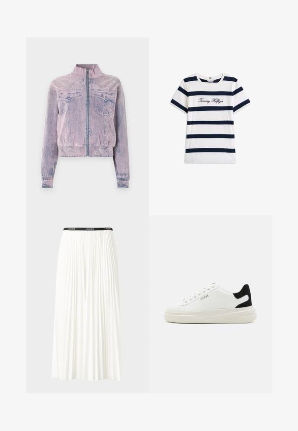 Ružová denimová bunda s vysokým golierom, predným zipsom, dvoma náprsnými vreckami a textúrovaným povrchom. Skraťený strih s modrými akcentmi.; Bavlnené tričko s horizontálnymi námorníckymi pruhmi na bielom pozadí. "Tommy Hilfiger" vyšívané kurzívou na hrudi. Okrúhly výstrih.; Plisovaná biela sukňa s čiernym elastickým pásom s logom "LACOSTE". Sukňa je stredne dlhá a má mäkkú textúru.; Biele kožené tenisky s hrubou bielou podrážkou, čiernym zamekom na päte a vyrazeným logom na boku. Šnurovací dizajn so šiestimi očkami.