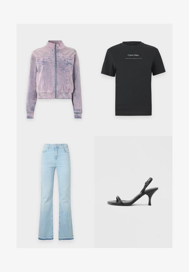 Vaaleanpunainen farkkutakki korkealla kauluksella, edessä vetoketju, kaksi rintataskua ja tekstuuri pintakäsittely. Lyhyt malli sinisin yksityiskohdin.; Musta puuvillainen T-paita, jossa on pyöreä pääntie, lyhyet hihat ja valkoinen painettu "Calvin Klein" -logo sekä "Established 1968" -teksti.; Vaaleansiniset levenevät farkut, jotka on valmistettu denimistä. Niissä on korkea vyötärö, etutaskut ja raaka helma lahkeissa rentoa ilmettä varten.; Mustat nahkaiset korkokengät, joissa on hoikka, kaareva korko ja ristiin menevä hihnadesign. Säädettävä nilkkahihna. Silkkinen pinta.