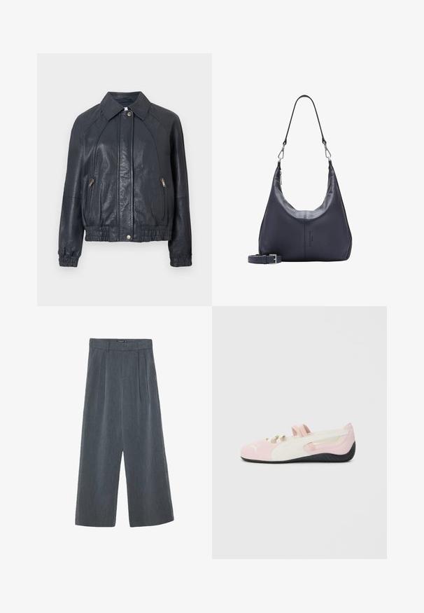 Marineblaue Lederjacke mit einem kragenförmigen Ausschnitt, seitlichen Reißverschlusstaschen und elastischen Bündchen. Besitzt eine strukturierte Oberfläche und einen gerafften Saum.; Helles rosa Langarmhemd mit weißen vertikalen Streifen und einer passenden Krawatte. Glatte Textur, Button-Down-Kragen und geknöpfte Ärmel.; Weite Hosen in Dunkelgrau mit texturiertem Stoff, gefaltetem Vorderteil und einem hoch geschnittenen Design mit glattem Taillenbund.; Rosa Wildlederschuhe zum Hineinschlüpfen mit weißen Akzenten, Gummisohle und elastischen Riemen. Verfügt über ein strukturiertes Design und ein kleines Logo auf der Vorderseite.; Dunkelblaues Leder-Crossbody-Bag mit abnehmbarem Schultergurt, silbernen Verschlüssen und dezentem vertikalem Logo-Detail in der Mitte vorne.