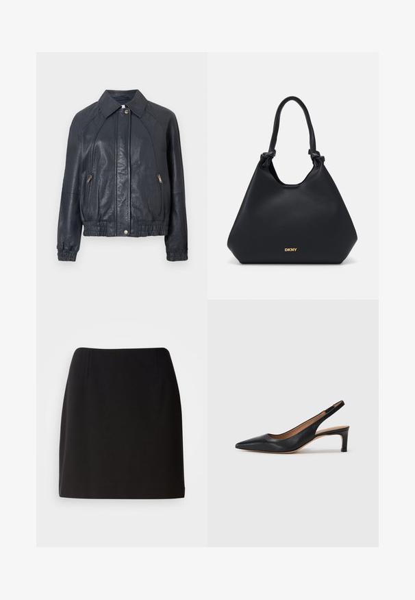 Tums zilas ādas jaka ar apkakli, ar rāvējslēdzēju sānu kabatām un elastīgām piedurknēm. Iezīmēts ar teksturētu apdari un savilktu apakšmalu.; Melnas satīna haltera kakla blūze ar savilktu audumu pie kakla un gludu, plūstošu dizainu. Taisna apakša bez redzamām rakstu vai akcentu.; Melnā svārku kleita ar pieguļošu siluetu, izgatavota no gludas auduma. Uzsvars uz smalkām priekšējām krokām un vidus līdz augšstilba garuma dizainu.; Melnas ādas siksnas un papēža kurpes ar vērstu purngalu, zemu papēdi un gludu tekstūru. Aprīkotas ar plānu regulējamu siksniņu drošai piegulšanai.; Melnas ādas somiņa ar teksturētu apdari, mezglota roktura akcenti un zelta logo detaļa apakšā. Iedzimta izliekta silueta.