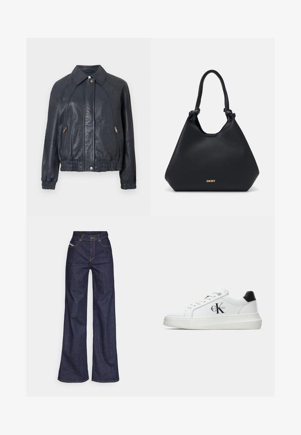 Marineblauwe leren jack met een kraaghalslijn, ritszakken aan de zijkant en elastische manchetten. Het jack heeft een gestructureerde afwerking en een gerimpelde zoom.; Witte katoen T-shirt met een geprinte illustratie van twee vrouwen in urban mode stijlen met een hond op een zebrapad en stadsgebouwen.; Donkerblauwe wijde jeans van denimstof met een hoge taille, voorzien van oranje stiksels, een vijf-pocket ontwerp en een knoopsluiting.; Witte lage sneaker met zwarte hiel tab, plateauzool, veters en Calvin Klein "CK" logo aan de zijkant.; Zwarte leren tote bag met een gestructureerde afwerking, knoopaccenten op de handgrepen en een gouden logo detail aan de onderkant. Beschikt over een slouchy silhoutte.