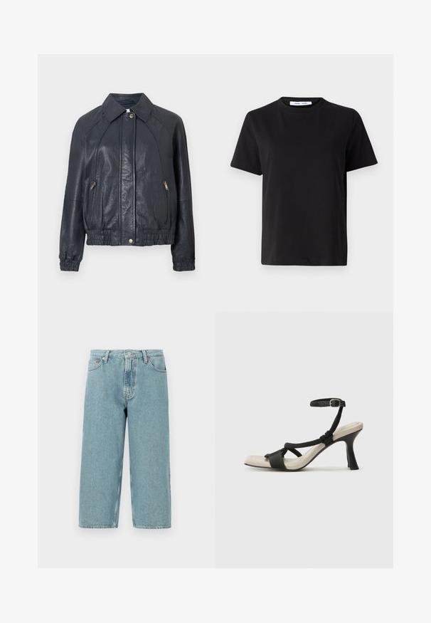 Marineblaue Lederjacke mit einem kragenförmigen Ausschnitt, seitlichen Reißverschlusstaschen und elastischen Bündchen. Besitzt eine strukturierte Oberfläche und einen gerafften Saum.; Schwarzes T-Shirt mit kurzen Ärmeln aus weicher Baumwolle, mit rundem Ausschnitt, lockerer Passform und glatter Textur. Keine sichtbaren Muster oder Grafiken.; Hellblaue Denim-Shorts mit hoher Taille, geradem Schnitt und rohem Saum. Verfügt über einen klassischen Knopf- und Reißverschluss sowie vier Taschen.; Schwarze Absatzsandale mit geflochtenem Riemendesign, quadratischer Spitze und verstellbarem Knöchelriemen. Helle beigefarbene Sohle mit glänzendem schwarzen Absatz.