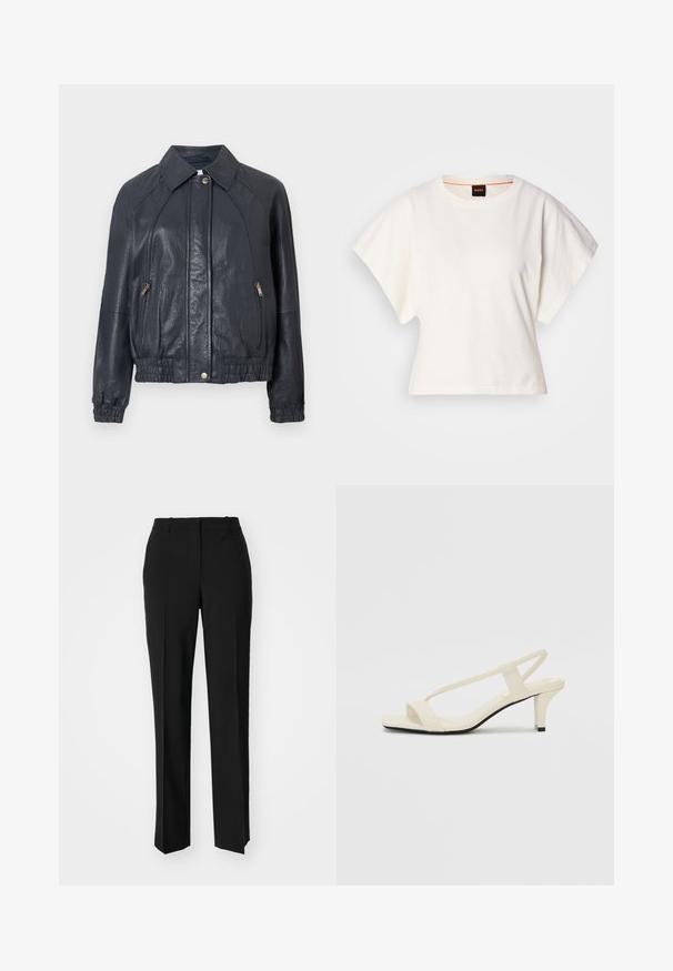 Giacca in pelle blu navy con colletto, tasche laterali con zip e polsini elastici. Presenta una finitura testurizzata e un orlo arricciato.; T-shirt bianca cropped, maniche corte e larghe, tessuto di cotone morbido, scollatura rotonda con bordino arancione sottile, design minimale, senza motivi o grafiche.; Pantaloni neri su misura con un design a gamba dritta, caratterizzati da una texture liscia e pieghe ben definite sul davanti. Senza hardware visibile.; Sandali con tacco a blocco beige, con sottili cinturini e punta quadrata. Materiale liscio con dettagli minimi, progettati per un facile utilizzo.